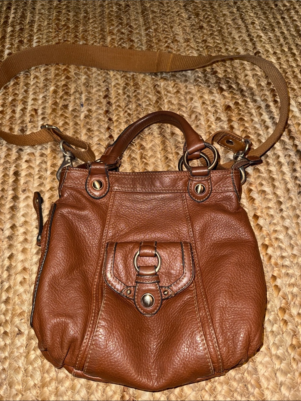 b. makowsky Tan Brown Leather Crossbody Bag with Front Pocket